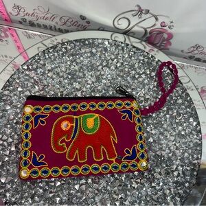 Handmade bag Embroidered Elephant Wristlet Pouch in Magenta Red Green Accents